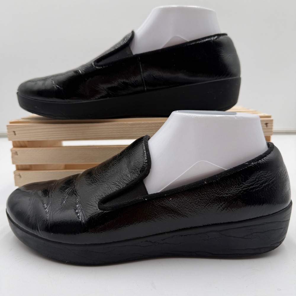 FitFlop Loafers Crinkled Patent Leather Slip On Shoes‎ Black Womens 8.5